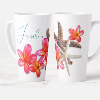 Caneca De Café Latte Mamãe Estrela-do-Mar Flores Frangipani Personaliza
