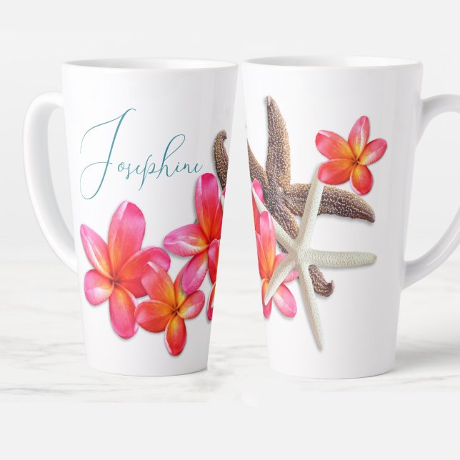 Caneca De Café Latte Mamãe Estrela-do-Mar Flores Frangipani Personaliza (Criador carregado)