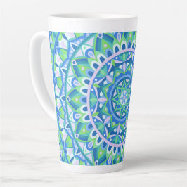 Caneca De Café Latte Mandala Azul Boho Padrão Geométrico Espiritual Aco