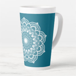 Caneca De Café Latte Mandala Branco em Fundo Azul