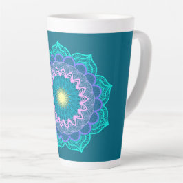 Caneca De Café Latte Mandala Colorido em Fundo Azul