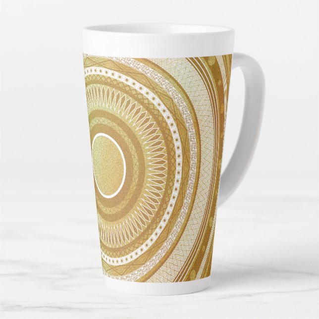 Caneca De Café Latte Mandalá Dourado e Brilhante (Ângulo direito)