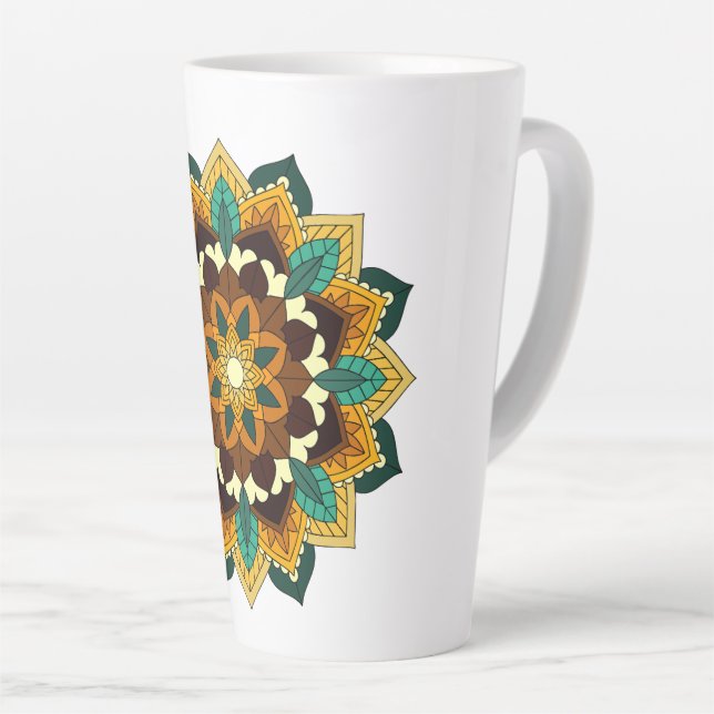 Caneca De Café Latte Mandala Padrão 02 em amarelo e em tom (Ângulo direito)
