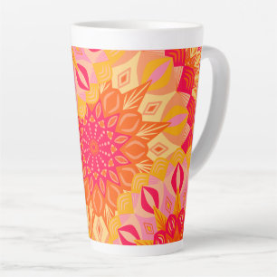 Caneca De Café Latte Mandala Sobreposta Laranja Rosa Amarelo