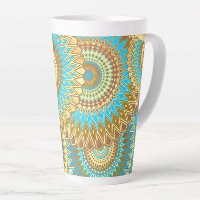 Caneca De Café Latte Mandala Sobreposto Azul Marrom Dourado (Ângulo direito)