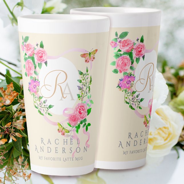 Caneca De Café Latte Mangueira Rosa Rosa Rosa Rosa, Rosa, Boca-Chic Mon (Pink Rose Monogram Latte Mug.)