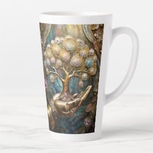 Caneca De Café Latte Mão de Robô Dourada Segurando a Árvore Dourada da