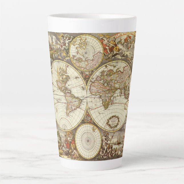 Caneca De Café Latte Mapa Antigo do Mundo Antigo por Frederick de Wit,  (Frente)