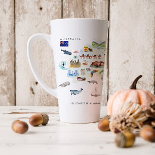 Caneca De Café Latte Mapa Ilustrado de Austrália em Aquarela Monogram