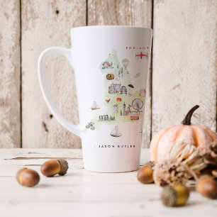 Caneca De Café Latte Mapa Ilustrado de Inglaterra em Aquarela Monogra