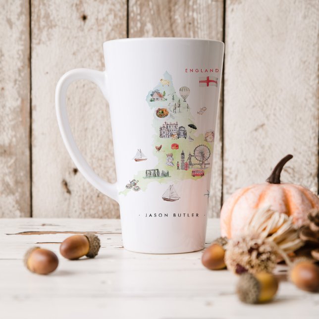 Caneca De Café Latte Mapa Ilustrado de Inglaterra em Aquarela | Monogra (Criador carregado)