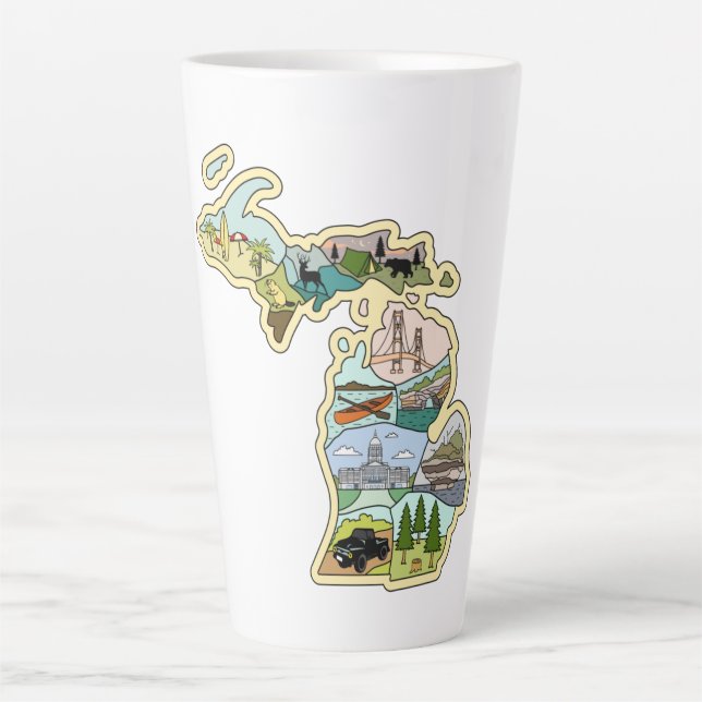 Caneca De Café Latte Mapa Ilustrado do Estado do Lago excelente Michiga (Frente)