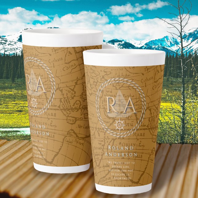 Caneca De Café Latte Mapa Marrom de Monograma de Corda Náutica (Nautical Map Monogram Traveller Brown Latte Mug.)