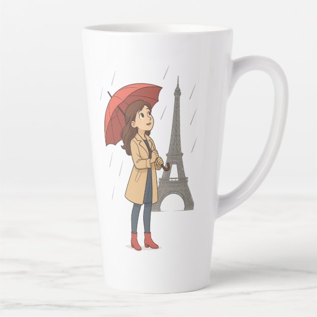 Caneca De Café Latte Maravilha Parisiense" – Moça com guarda-chuva sob  (Direita)