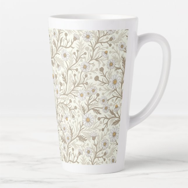 Caneca De Café Latte Margaridas em branco e marrom sobre branco fosco (Direita)