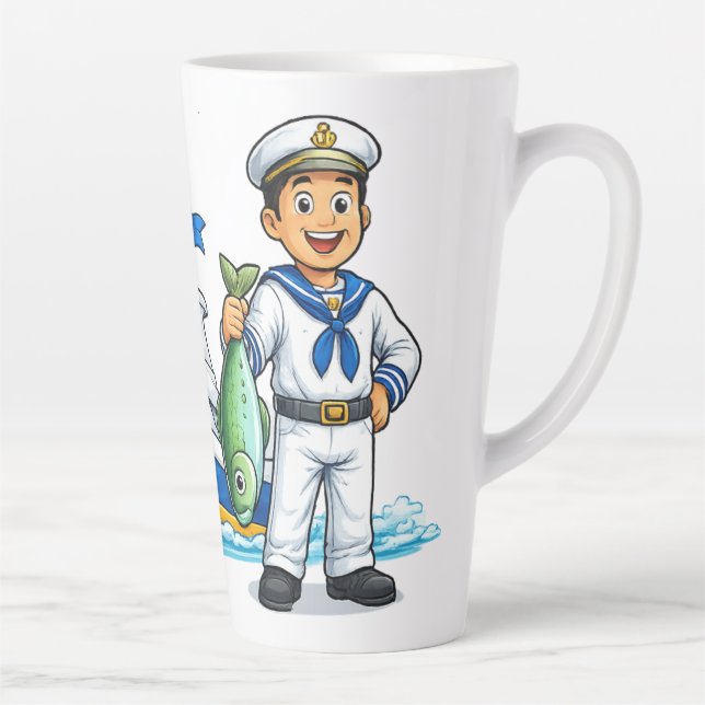 Caneca De Café Latte Marinheiro de Desenho Animado com Iate e Peixe Art (Direita)