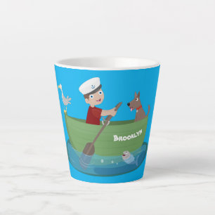 Caneca De Café Latte Marinheiro e cartoon de barco a remos de cãozinho