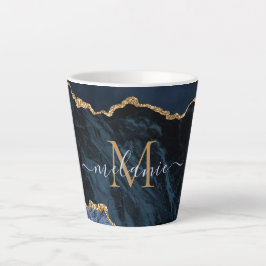 Caneca De Café Latte Marinho Azul Dourado Marble - Letra Personalizada 
