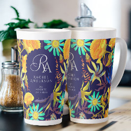 Caneca De Café Latte Marinho De Monograma Multifloral Bloqueado