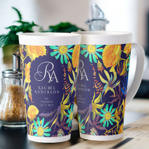Caneca De Café Latte Marinho De Monograma Multifloral Bloqueado