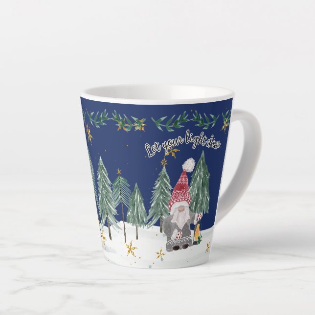 Caneca De Café Latte Marinho de Natal - Árvores de Estrelas Claras Azui (Ângulo direito)