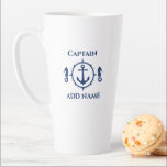 Caneca De Café Latte Marinho do cavalo marinho e nome da âncora ou boi<br><div class="desc">Ancoragem azul Marinho única com cavalo marinho e seu nome de capitão personalizado ou nome de barco em uma lata grande de latte. Perfeito para café,  chá e chocolate quente. Faz um presente excelente para qualquer ocasião.</div>