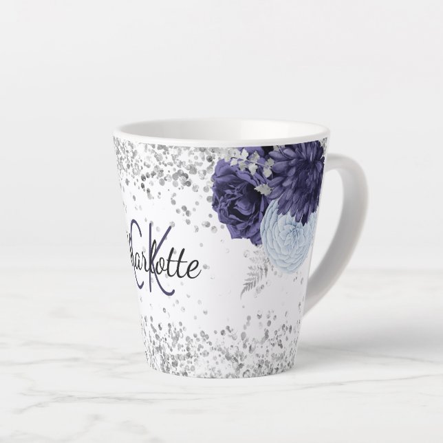 Caneca De Café Latte Marinho prateado azul floral elegante nome do mono (Ângulo direito)