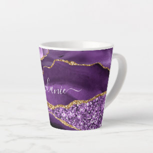 Caneca De Café Latte Mármaco Leve Dourado Roxo Nome Personalizado Latão