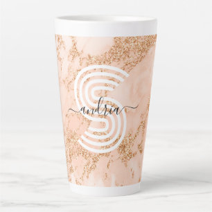 Caneca De Café Latte Mármore Brilho Dourado Rosa, Nome em Rascunho Mono