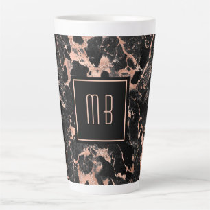 Caneca De Café Latte Mármore Preto Rosa Dourado Monograma Elegante 