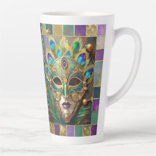 Caneca De Café Latte Máscara de Pena de Pavão Cerâmico Dourado de Mardi