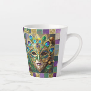 Caneca De Café Latte Máscara de Pena de Pavão Cerâmico Dourado de Mardi