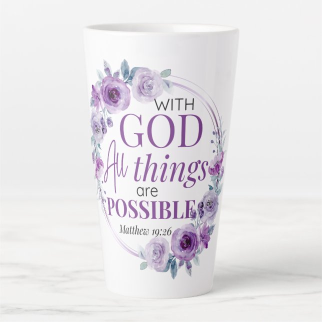 Caneca De Café Latte Matthew 19:26 Possible with God Purple Floral (Frente)