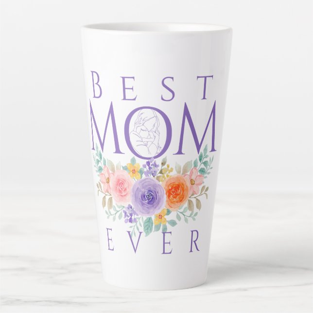 Caneca De Café Latte Melhor Mãe Já Flores, Dia de as mães (Frente)