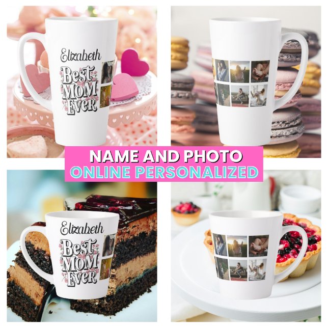 Caneca De Café Latte Melhor Mãe Nome e Foto Colagem Mãe (Best Mom Ever Name & Photo Collage Mother's Latte Mug
)