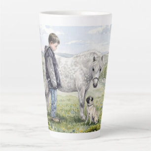 Caneca De Café Latte Melhores Amigos-Menino com Pônei e Cachorro em um 
