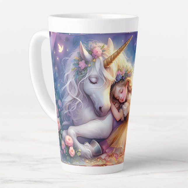 Caneca De Café Latte Menina Adormecida Paisagem de Sonho Unicórnio (Ângulo esquerdo)