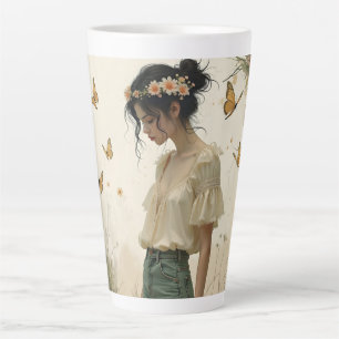Caneca De Café Latte Menina Etérea com Borboletas na Natureza
