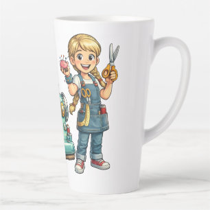 Caneca De Café Latte Menina Fofoqueira de Costura Cartoon com Máquina A