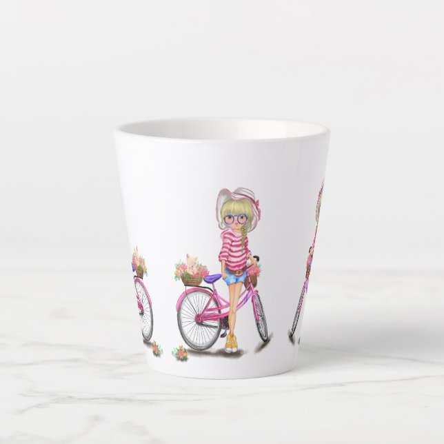Caneca De Café Latte Menina Loura-Gira com Bicicleta Rosa e Gato nas Fl (Frente)