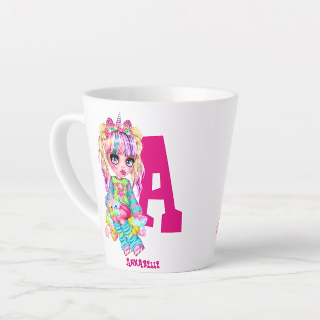 Caneca De Café Latte Meninas Monogramas Unicórnio Bonito Personalizado (Ângulo esquerdo)