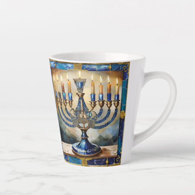 Caneca De Café Latte Menorá Azul de Hanuka (Direita)