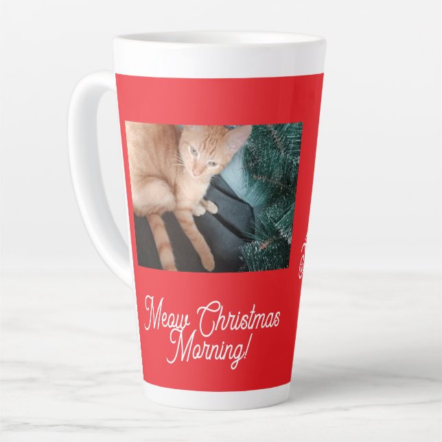 Caneca De Café Latte Meow Christmas Morning , foto, texto, substituível (Ângulo esquerdo)