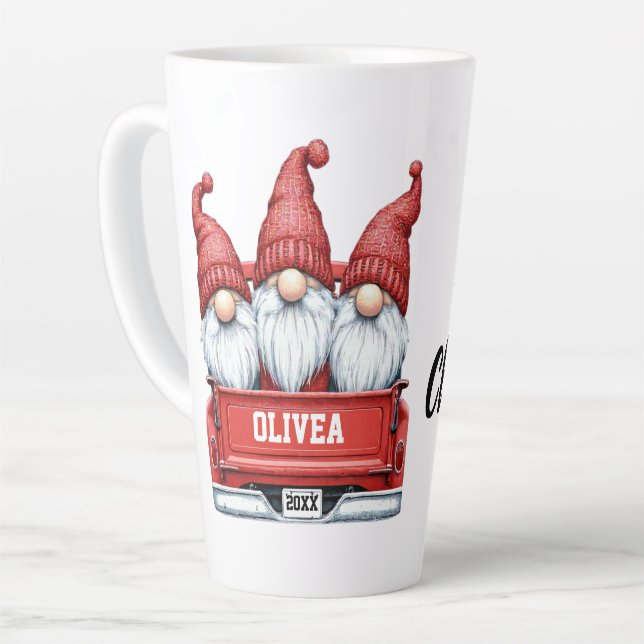 Caneca De Café Latte Merry Christmas Gnomes in Truck (Ângulo esquerdo)