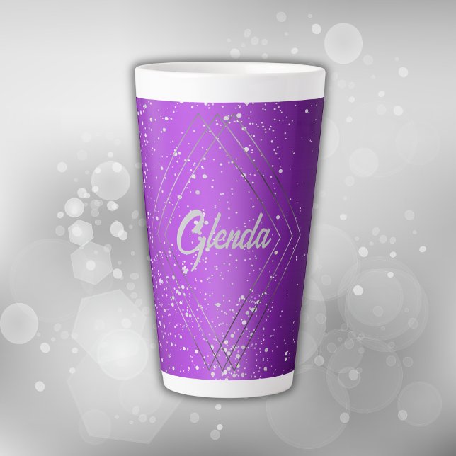 Caneca De Café Latte Metal roxo moderno escovado com monograma de prata (Criador carregado)