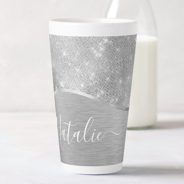 Caneca De Café Latte Metálico Personalizado Da Glitter De Prata Glam (Criador carregado)