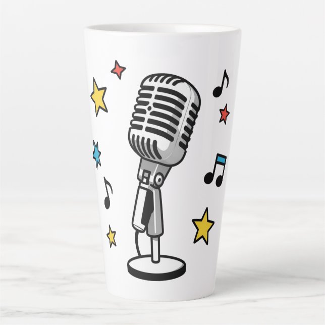 Caneca De Café Latte Microfone Antigo Notas Musicais Design Retro de Ca (Frente)