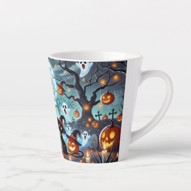 Caneca De Café Latte Midnight Magic: Black Cats & Pumpkins Halloween  (Direita)