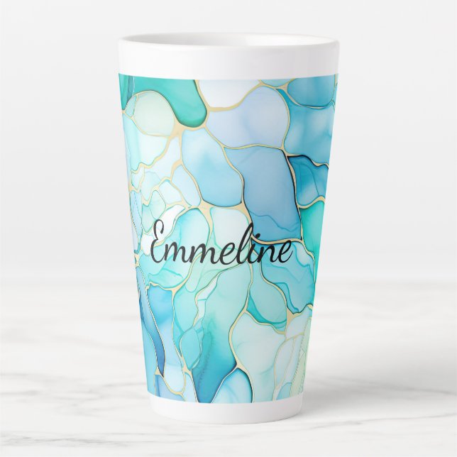 Caneca De Café Latte Mint Aqua Pearl Dourado Marble (Frente)
