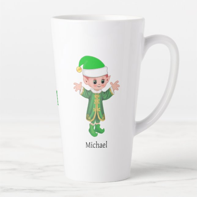 Caneca De Café Latte Modern Good Luck Elf with Script and Monogram (Direita)